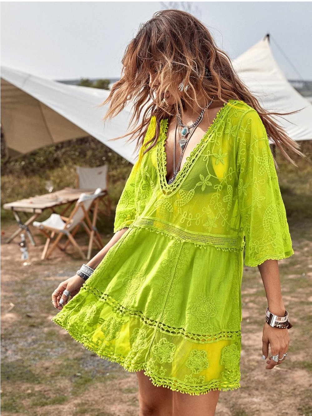 Chic Nation Neon Lime Lace V-Neck bohemian dress